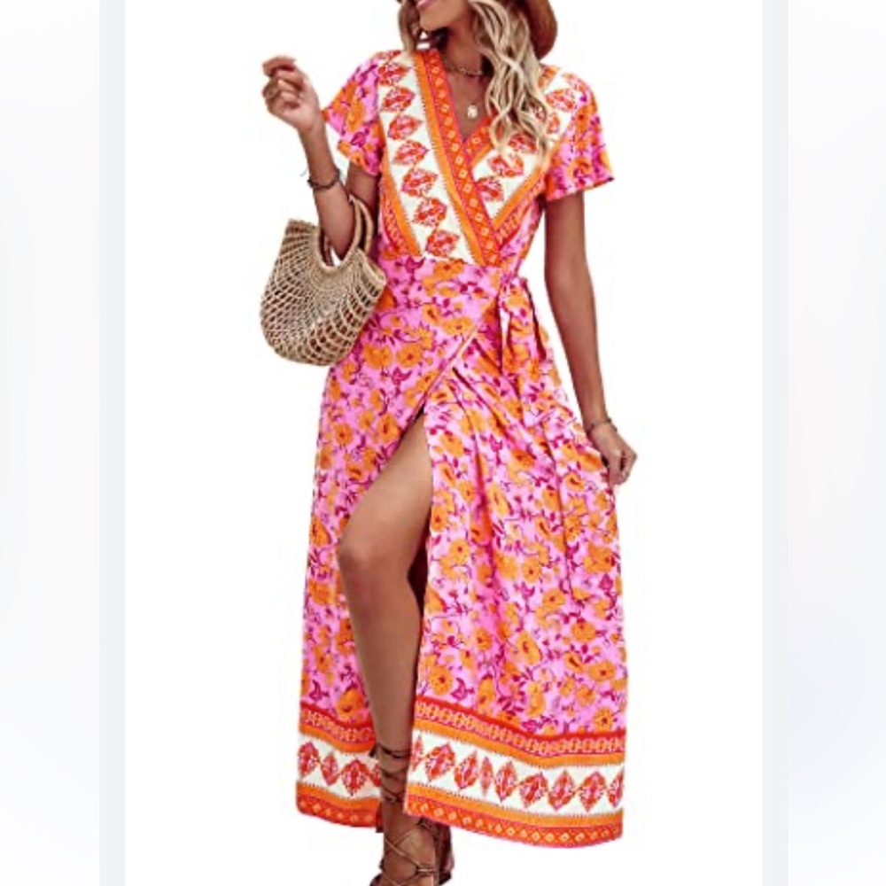 Floral Wrap Maxi Dress - Pink and Orange